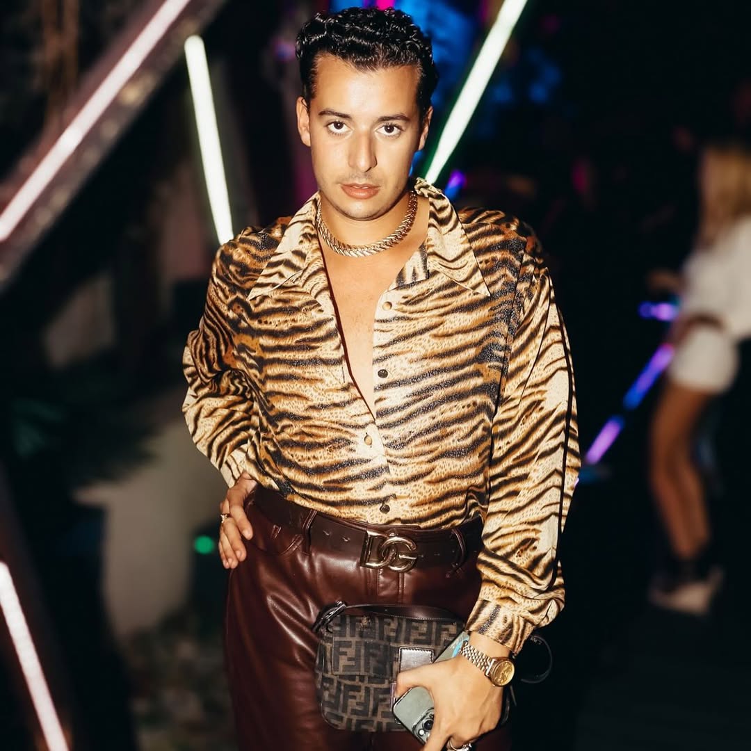 Alexander S Roberts in a tiger print luxury nightlife look